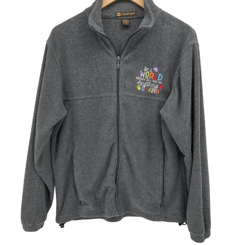 Harriton Fleece Jacket Mens Small Gray Full Zip‎ Embroidered Front BE KIND
